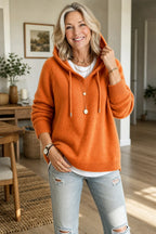 Women's Hooded Knit Sweater with Ribbed Cuffs & Drawstring Hood - Front Full Smiling
