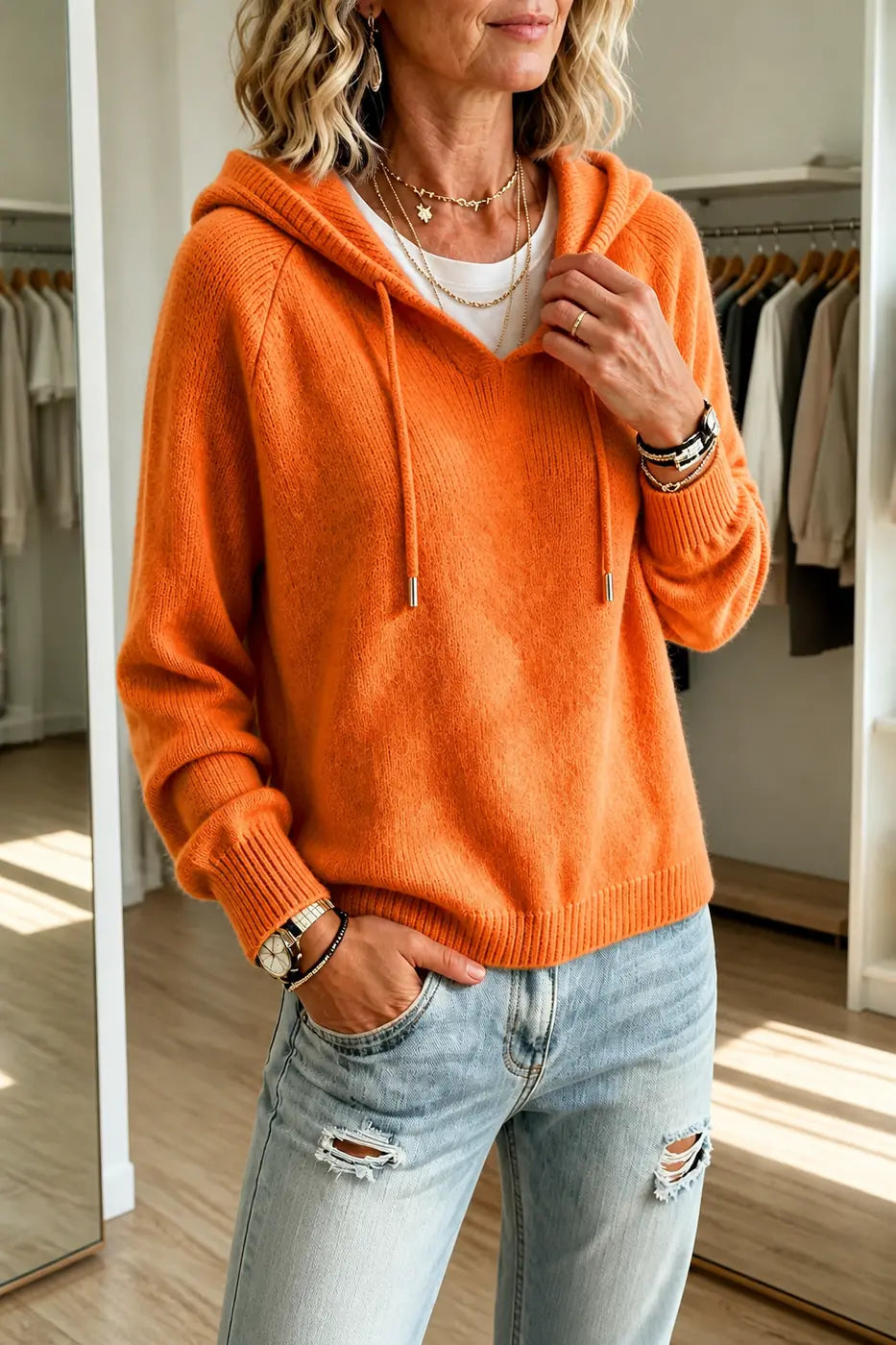 Orange Women's Hooded Knit Sweater with Ribbed Cuffs & Drawstring Hood — Aida