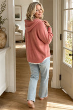 Pink Women's Hooded Knit Sweater with Ribbed Cuffs & Drawstring Hood — Aida - Back Full Pose