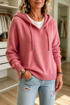 Pink Women's Hooded Knit Sweater with Ribbed Cuffs & Drawstring Hood — Aida