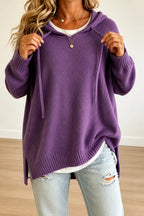 Purple Women's Hooded Knit Sweater with Ribbed Trim & Oversized Fit