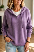 Purple Women's Hooded Knit Sweater with Ribbed Cuffs & Drawstring Hood