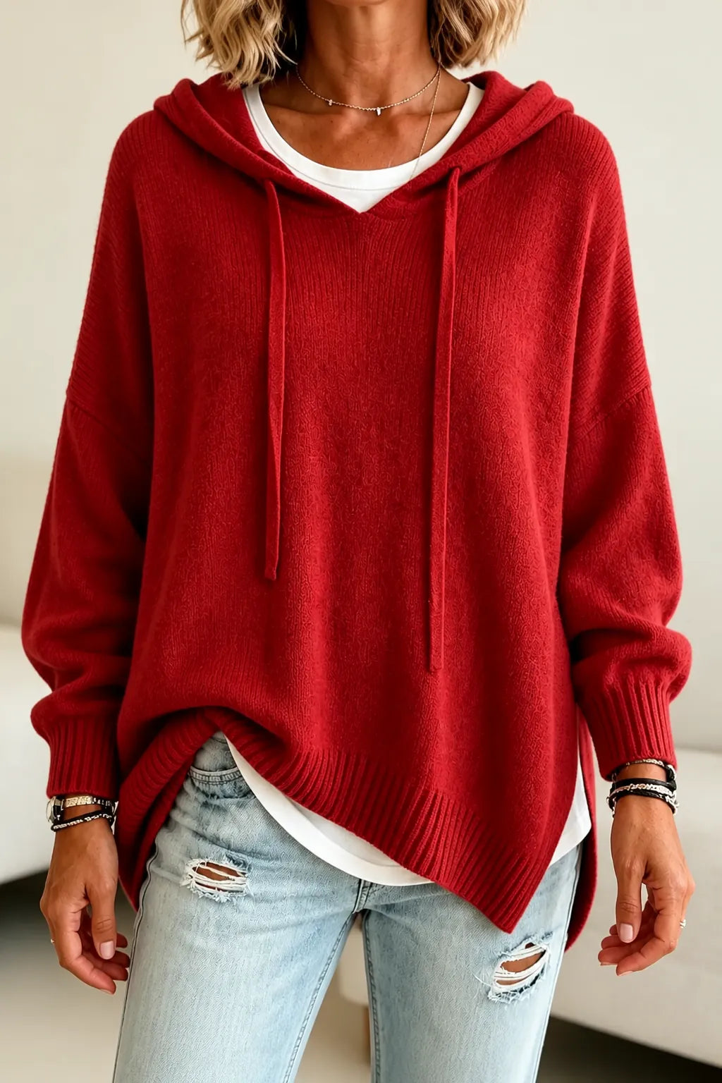 Red Women's Hooded Knit Sweater with Ribbed Trim & Oversized Fit