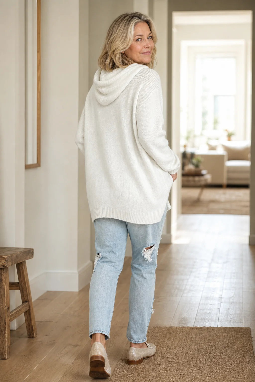 Women's Hooded Knit Sweater with Ribbed Trim & Oversized Fit - Back Full