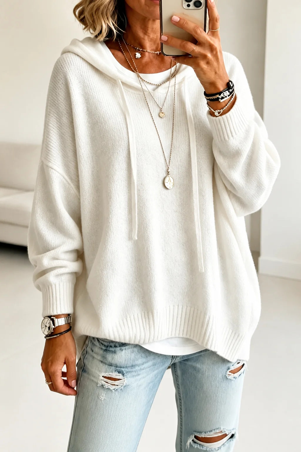 White Women's Hooded Knit Sweater with Ribbed Trim & Oversized Fit