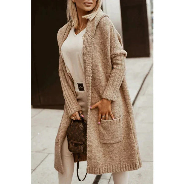 Beige Women's Long Cardigan with Hood & Cozy Pockets — Karina