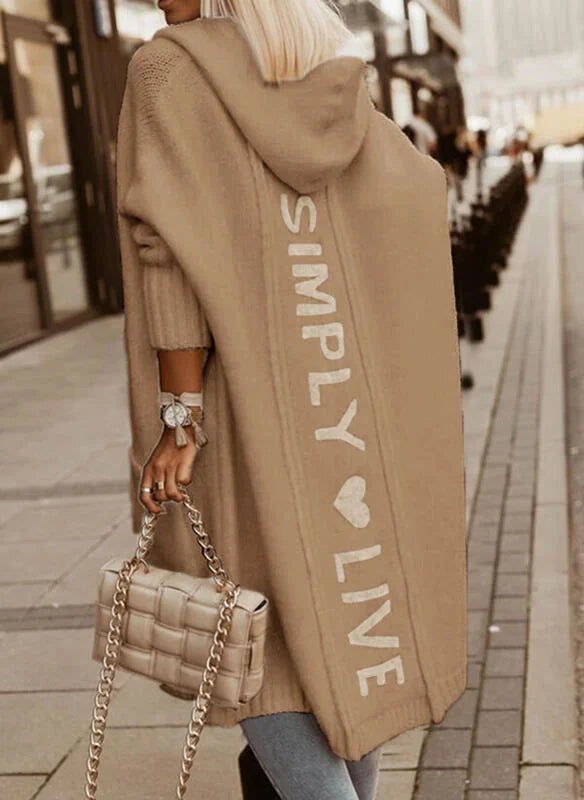 Khaki Women's Long Cardigan with Hood & Cozy Pockets - Back Walking View