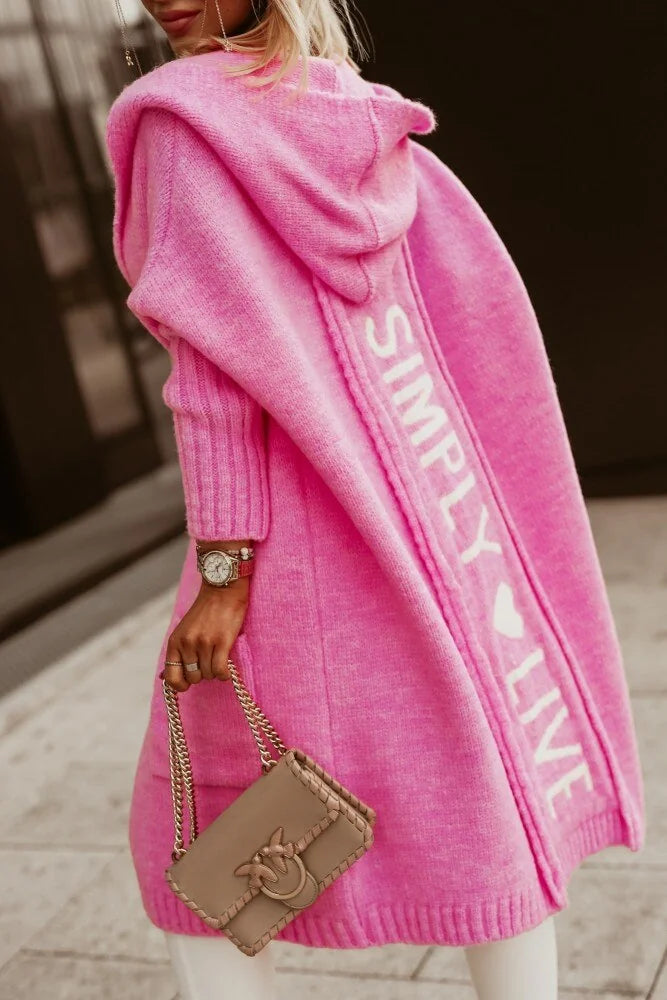 Pink Women's Long Cardigan with Hood & Cozy Pockets