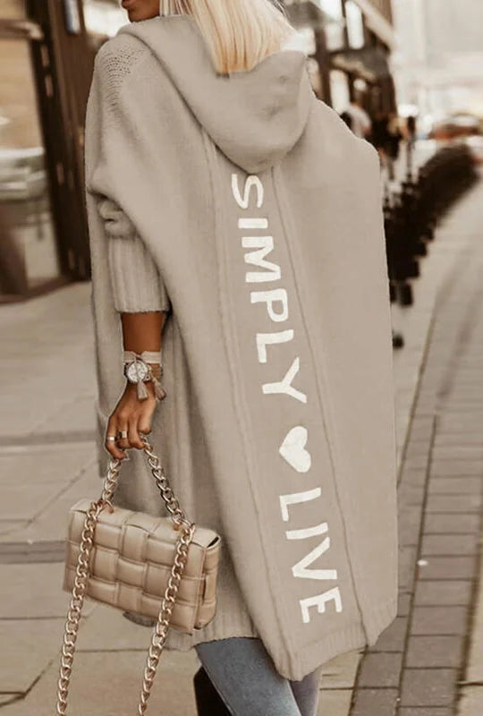 Beige Women's Long Cardigan with Hood & Cozy Pockets - Back Pose Taupe
