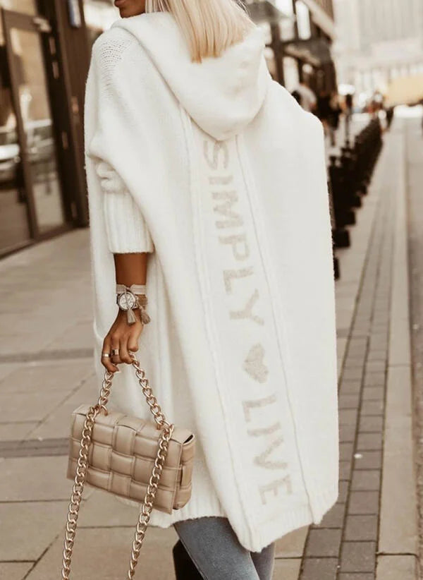White Women's Long Cardigan with Hood & Cozy Pockets - Back Close Drape