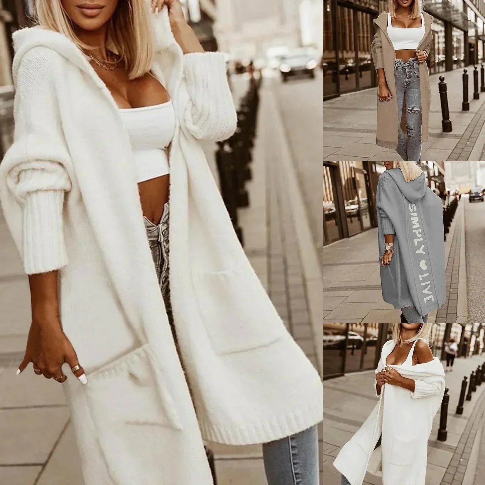 White Women's Long Cardigan with Hood & Cozy Pockets — Karina