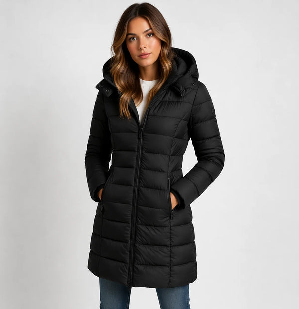 Black Women's Hooded Puffer Jacket with Zip-Front Closure & Side Pockets — Erica