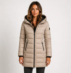 Khaki Women's Hooded Puffer Jacket with Zip-Front Closure & Side Pockets — Erica