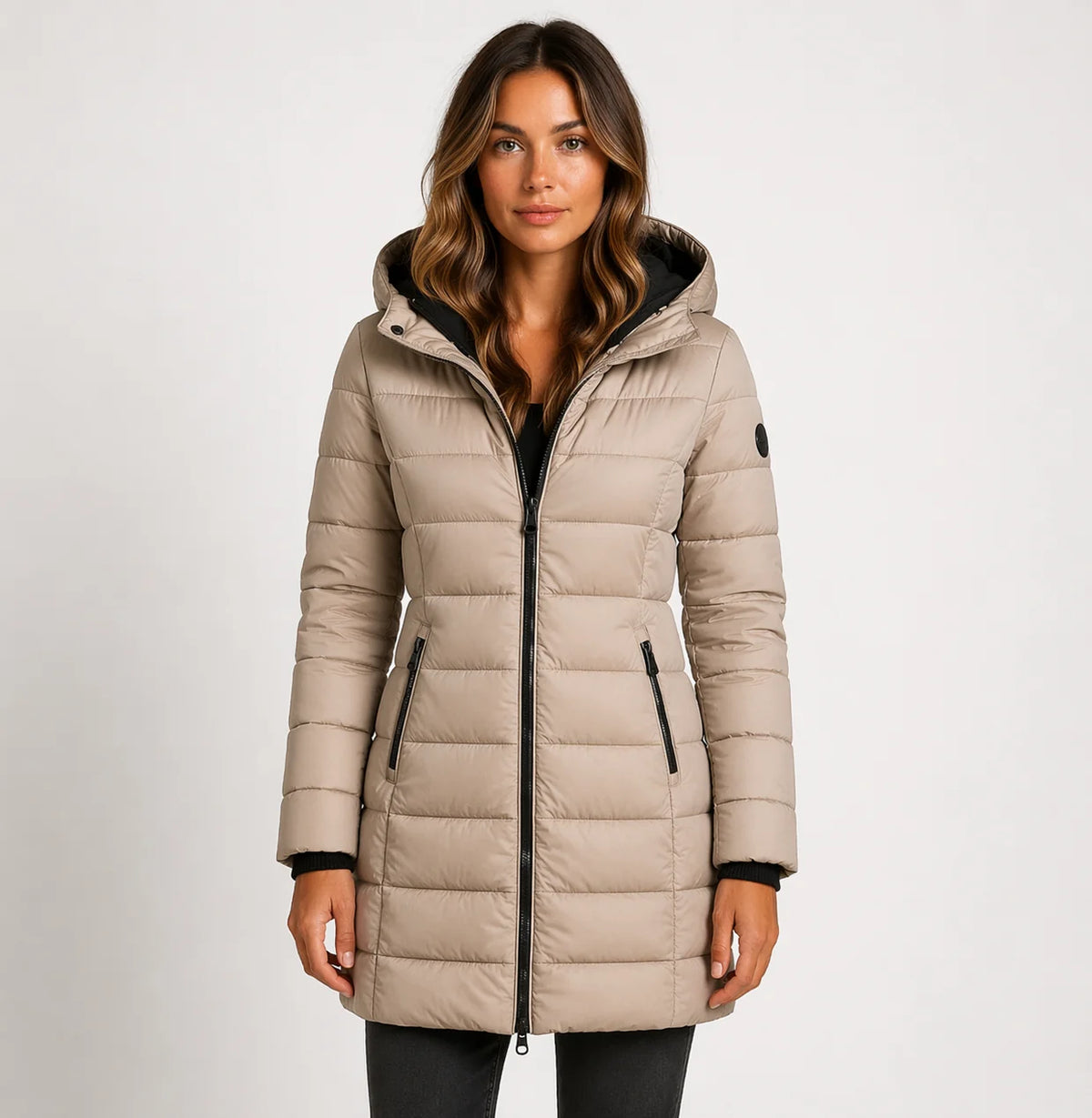 Khaki Women's Hooded Puffer Jacket with Zip-Front Closure & Side Pockets — Erica