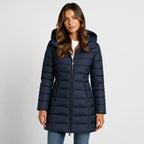 Navy Blue Women's Hooded Puffer Jacket with Zip-Front Closure & Side Pockets — Erica