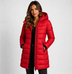 Red Women's Hooded Puffer Jacket with Zip-Front Closure & Side Pockets — Erica