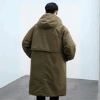 Men's Hooded Trench Coat with Notched Lapel & Oversized Longline Fit - Green Back Full