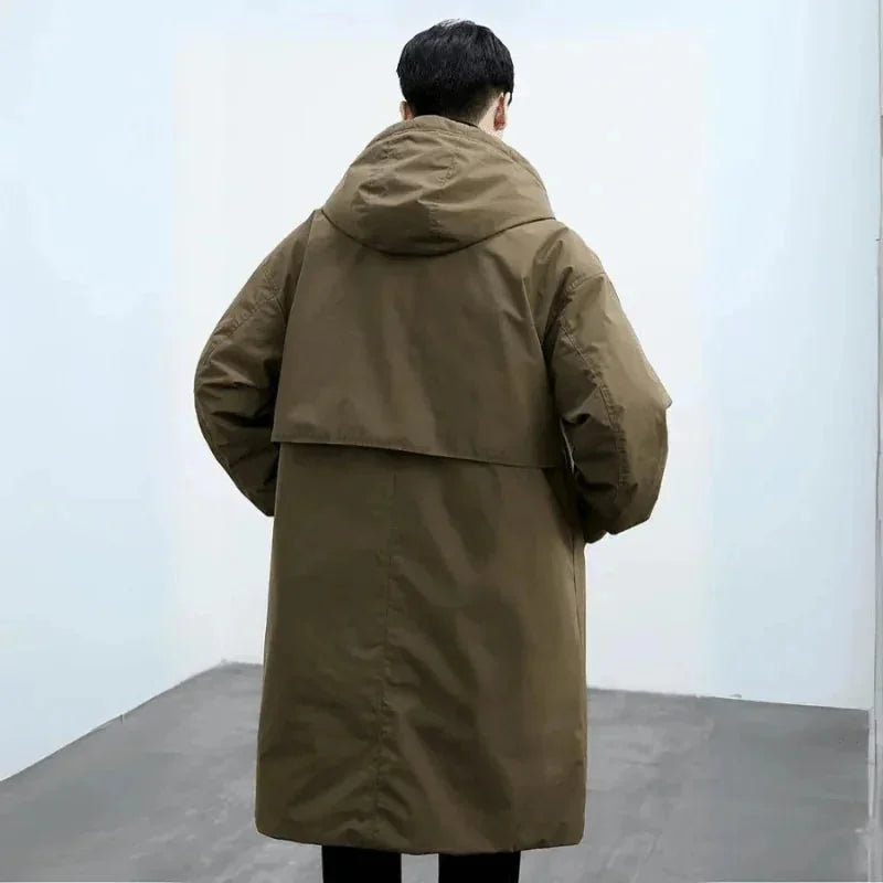 Men's Hooded Trench Coat with Notched Lapel & Oversized Longline Fit - Green Back Full