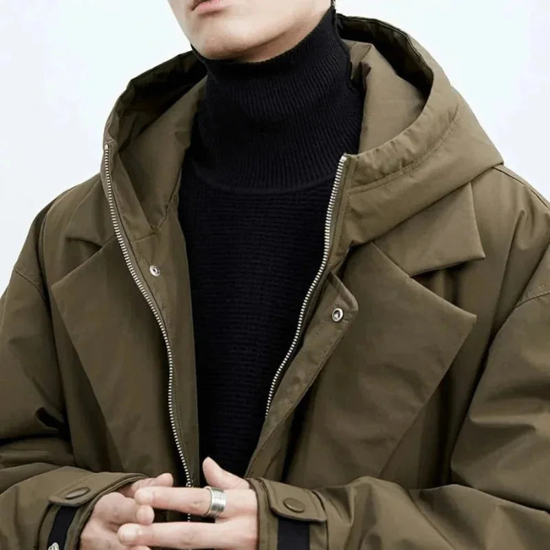 Men's Hooded Trench Coat with Notched Lapel & Oversized Longline Fit - Close Up Hood