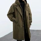 Army Green Men's Hooded Trench Coat with Notched Lapel & Oversized Longline Fit