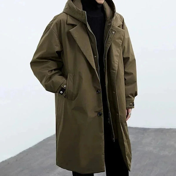 Army Green Men's Hooded Trench Coat with Notched Lapel & Oversized Longline Fit