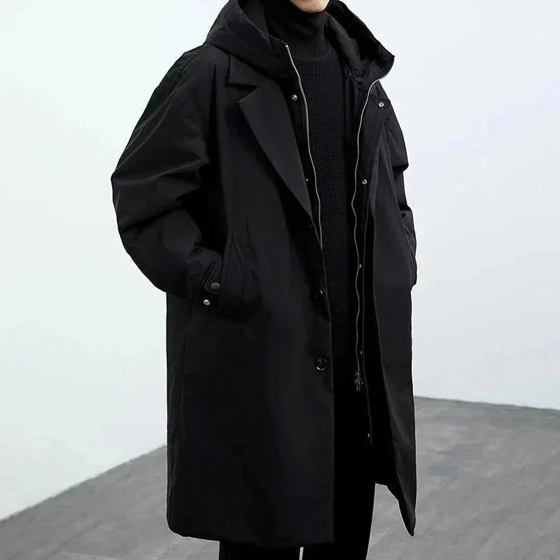 Black Men's Hooded Trench Coat with Notched Lapel & Oversized Longline Fit