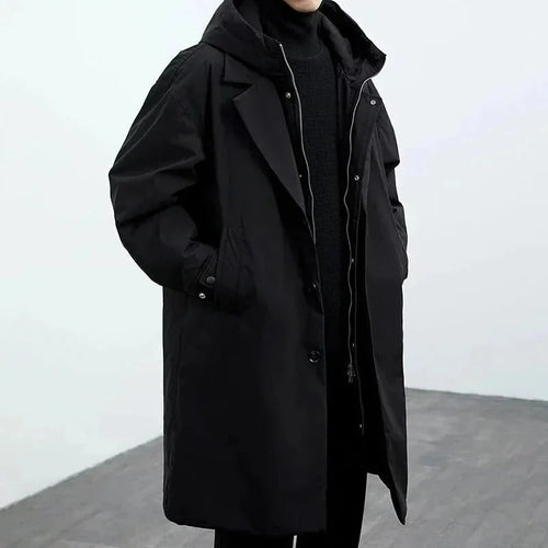 Black Men's Hooded Trench Coat with Notched Lapel & Oversized Longline Fit