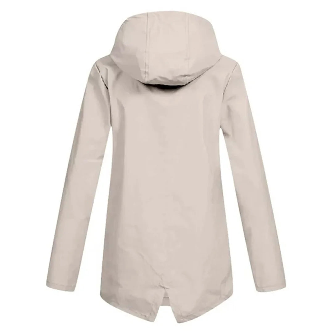 Women's Waterproof Jacket with Hooded Drawstring & Flap Pockets - Back Full