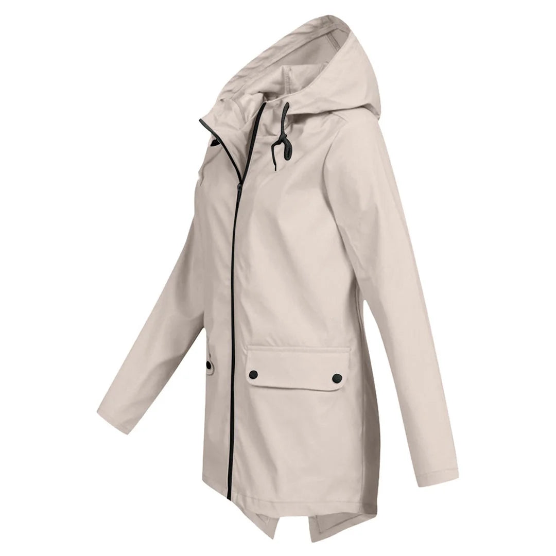 Women's Waterproof Jacket with Hooded Drawstring & Flap Pockets - Side Profile