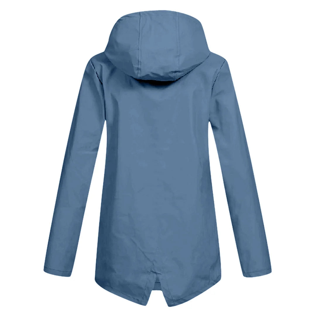 Women's Waterproof Jacket with Hooded Drawstring & Flap Pockets - Back View