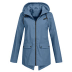 Blue Women's Waterproof Jacket with Hooded Drawstring & Flap Pockets