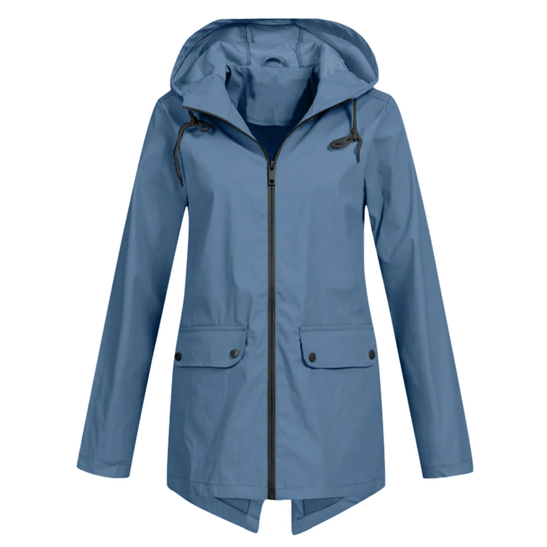 Blue Women's Waterproof Jacket with Hooded Drawstring & Flap Pockets