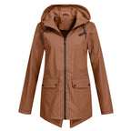 Coffee Women's Waterproof Jacket with Hooded Drawstring & Flap Pockets - Front Straight
