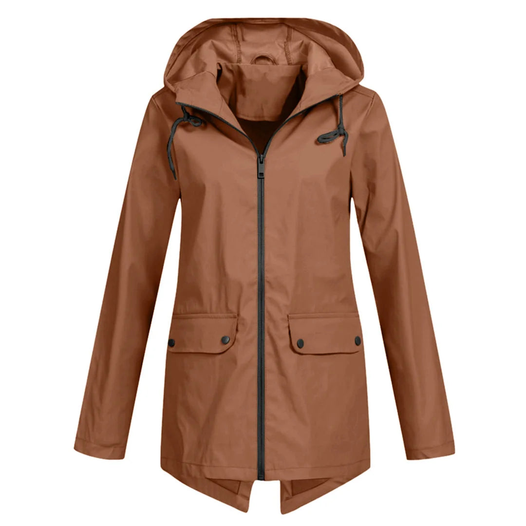 Coffee Women's Waterproof Jacket with Hooded Drawstring & Flap Pockets - Front Straight