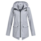 Grey Women's Waterproof Jacket with Hooded Drawstring & Flap Pockets
