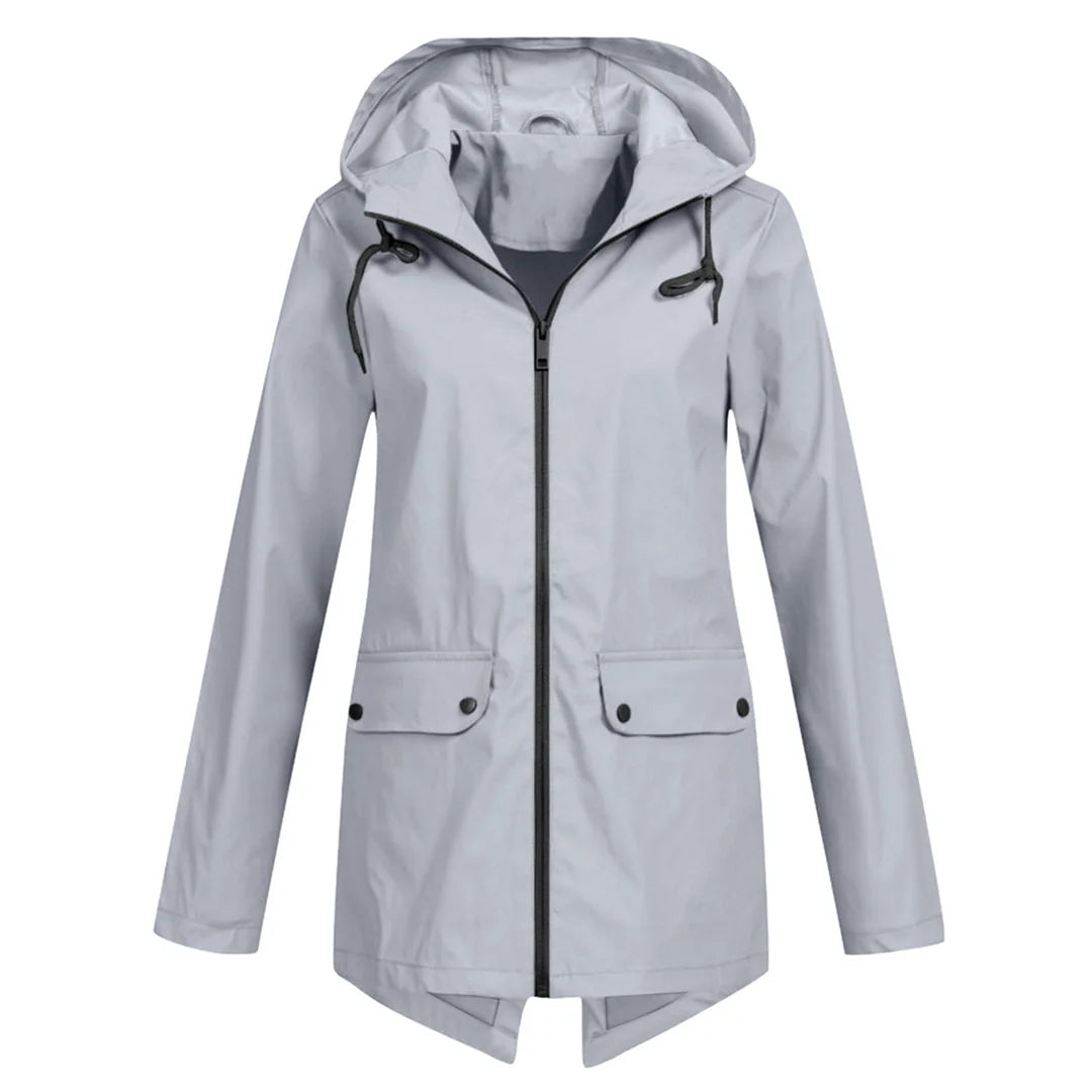 Grey Women's Waterproof Jacket with Hooded Drawstring & Flap Pockets