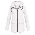 White Women's Waterproof Jacket with Hooded Drawstring & Flap Pockets