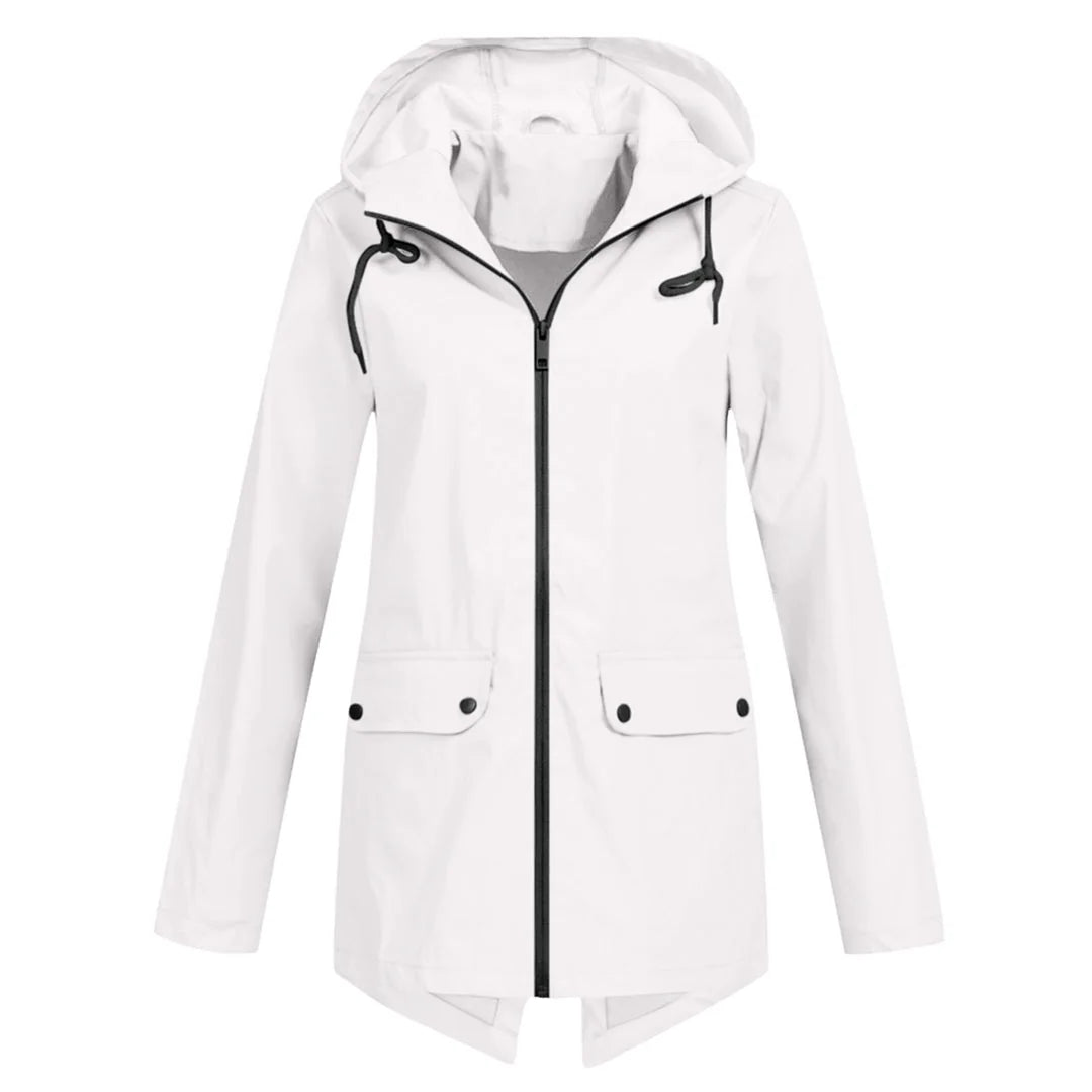 White Women's Waterproof Jacket with Hooded Drawstring & Flap Pockets