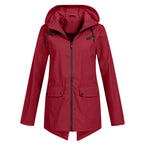 Wine Red Women's Waterproof Jacket with Hooded Drawstring & Flap Pockets - Front Pose