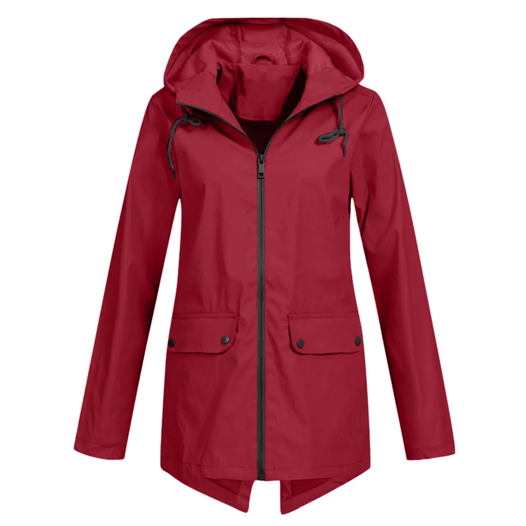 Wine Red Women's Waterproof Jacket with Hooded Drawstring & Flap Pockets - Front Pose