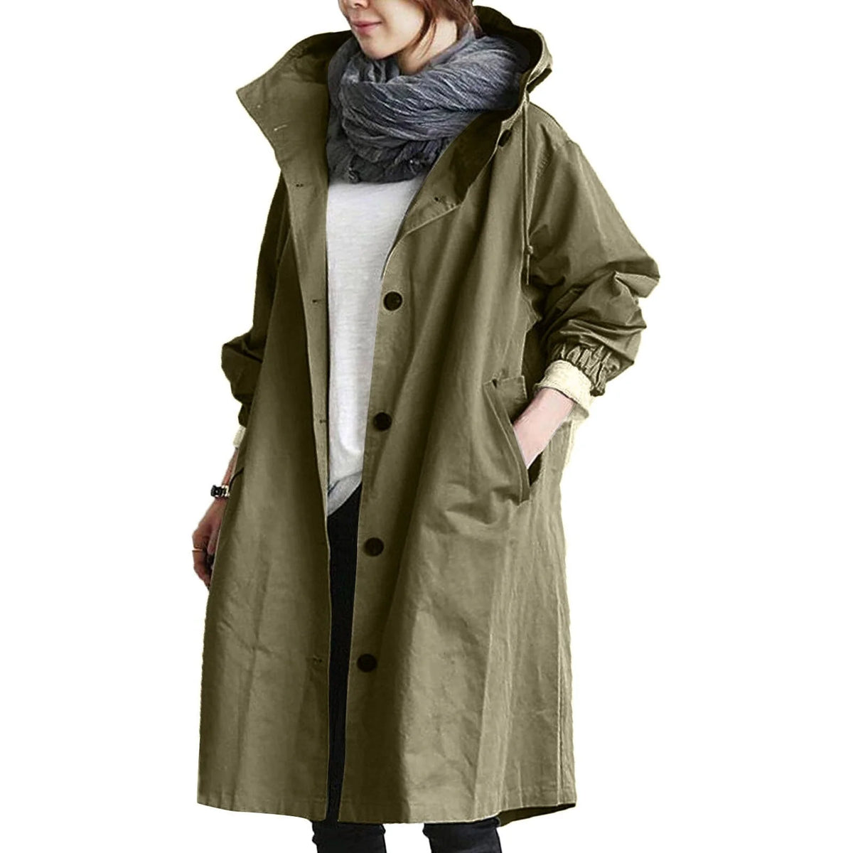 Army Green Women's Waterproof Raincoat with Hooded Drawstring & Button-Front Closure - Front Full
