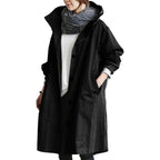 Army Green Women's Waterproof Raincoat with Hooded Drawstring & Button-Front Closure - Front Pose