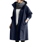 Army Green Women's Waterproof Raincoat with Hooded Drawstring & Button-Front Closure - Side Pose