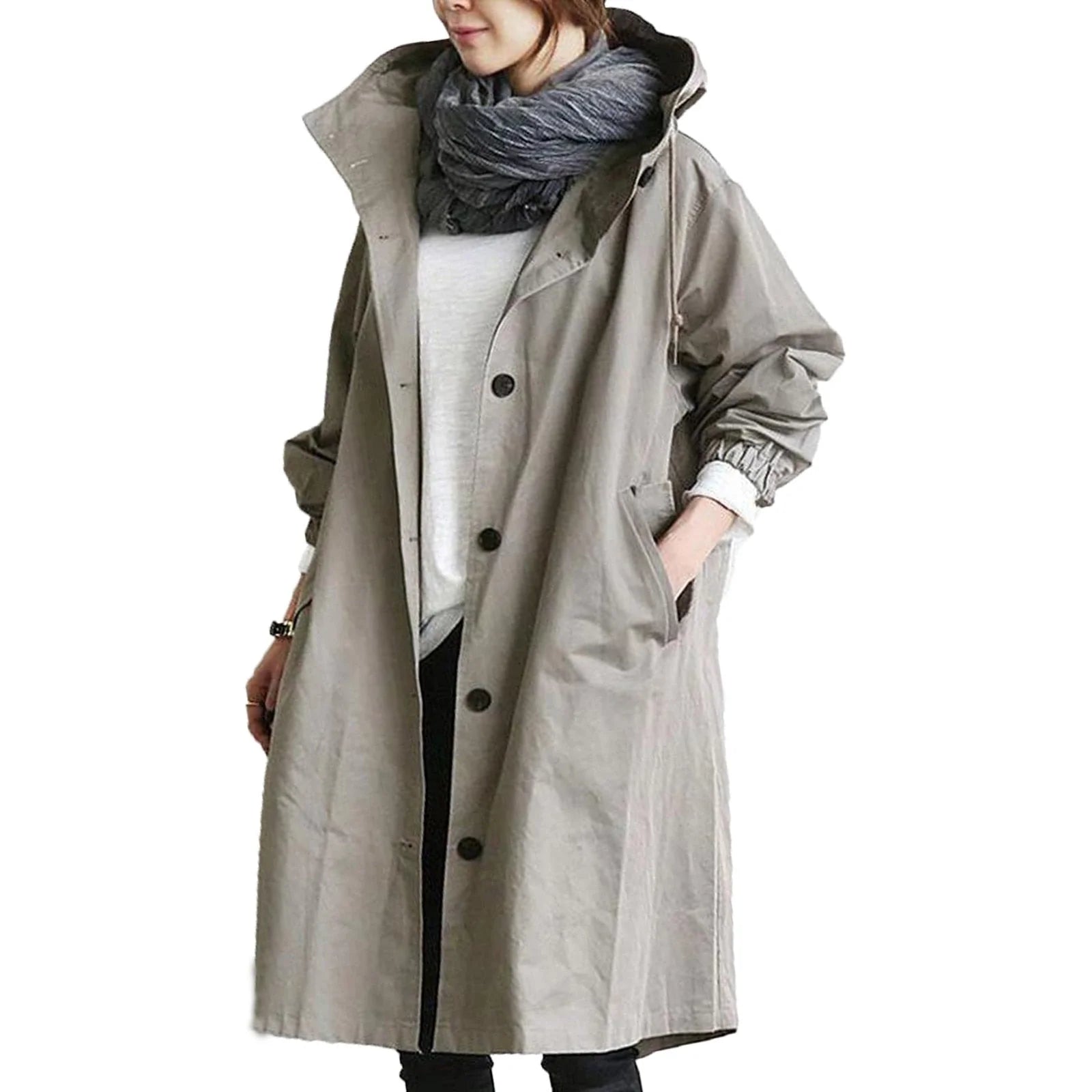 Army Green Women's Waterproof Raincoat with Hooded Drawstring & Button-Front Closure - Front Studio