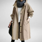 Army Green Women's Waterproof Raincoat with Hooded Drawstring & Button-Front Closure - Front Lifestyle