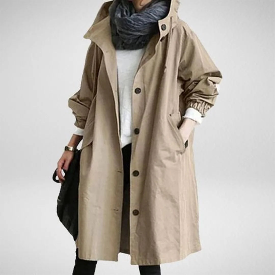 Army Green Women's Waterproof Raincoat with Hooded Drawstring & Button-Front Closure - Front Lifestyle