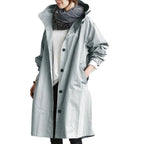Army Green Women's Waterproof Raincoat with Hooded Drawstring & Button-Front Closure - Front Closed