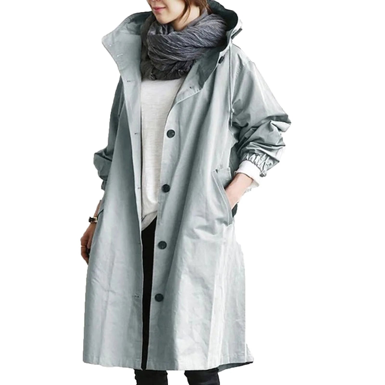 Army Green Women's Waterproof Raincoat with Hooded Drawstring & Button-Front Closure - Front Closed