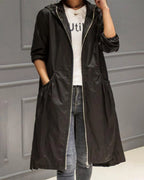 Black Women's Waterproof Trench Coat with Hooded A-Line Silhouette & Drawstring Waist — Bea