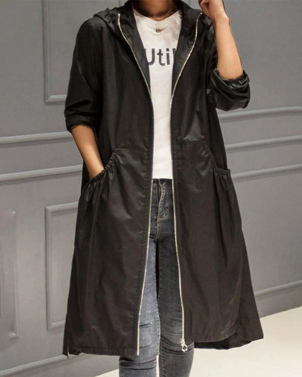 Black Women's Waterproof Trench Coat with Hooded A-Line Silhouette & Drawstring Waist — Bea